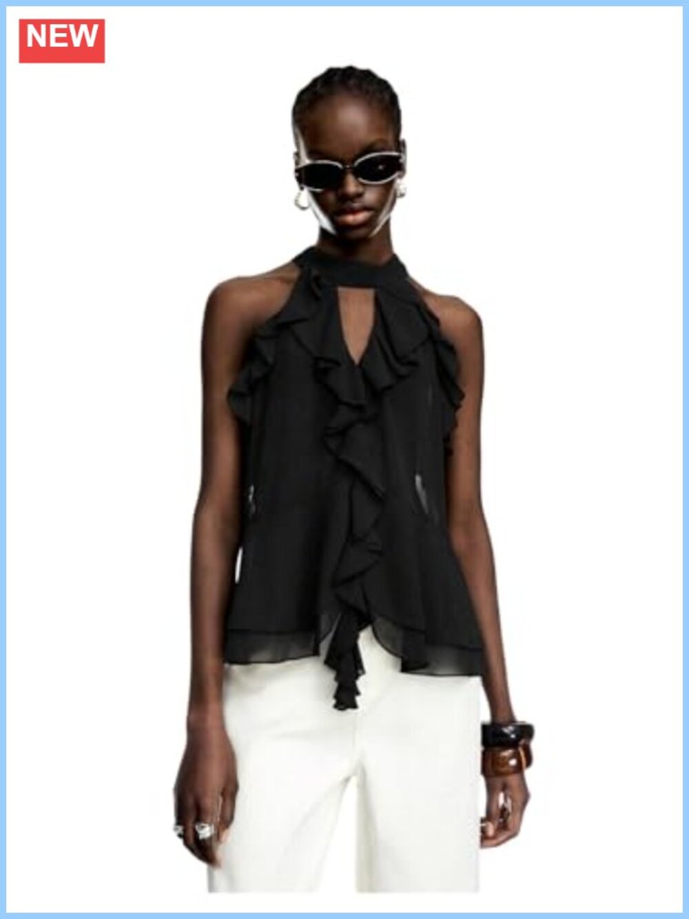 Women's Sheer Mesh Halter Ruffle Tank Top Sleeveless Going Out Blouse